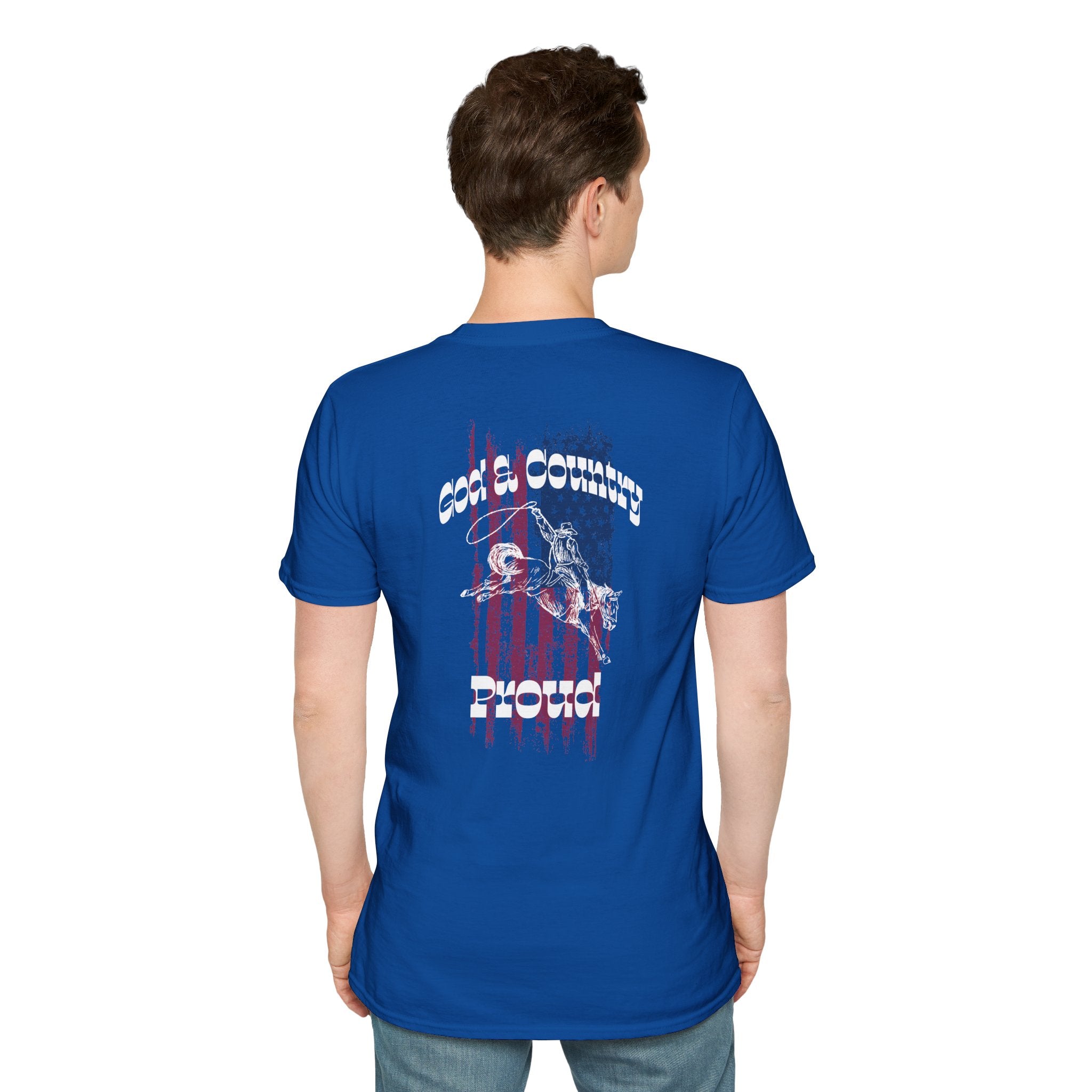 God & Country Proud T-Shirt in blue featuring graphic design on the back
