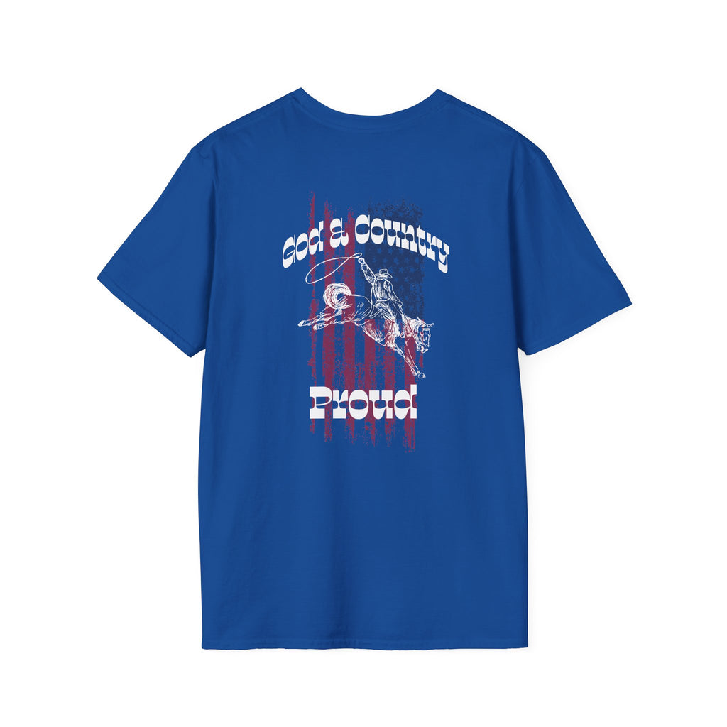 Back view of God & Country Proud T-Shirt in blue with patriotic graphic design