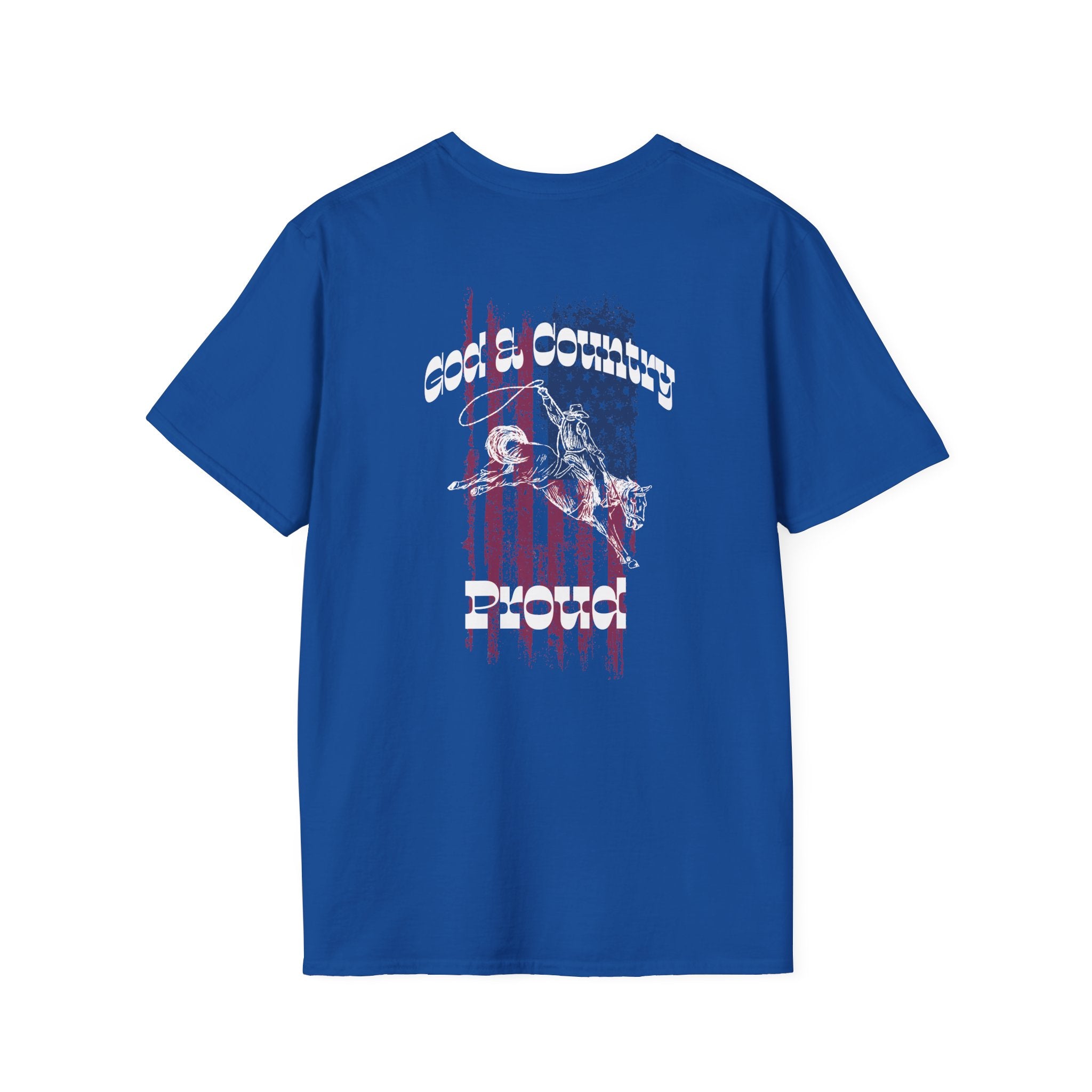 Back view of God & Country Proud T-Shirt in blue with patriotic graphic design