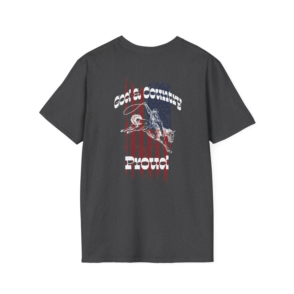 God & Country Proud T-Shirt in dark gray with graphic design on the back.