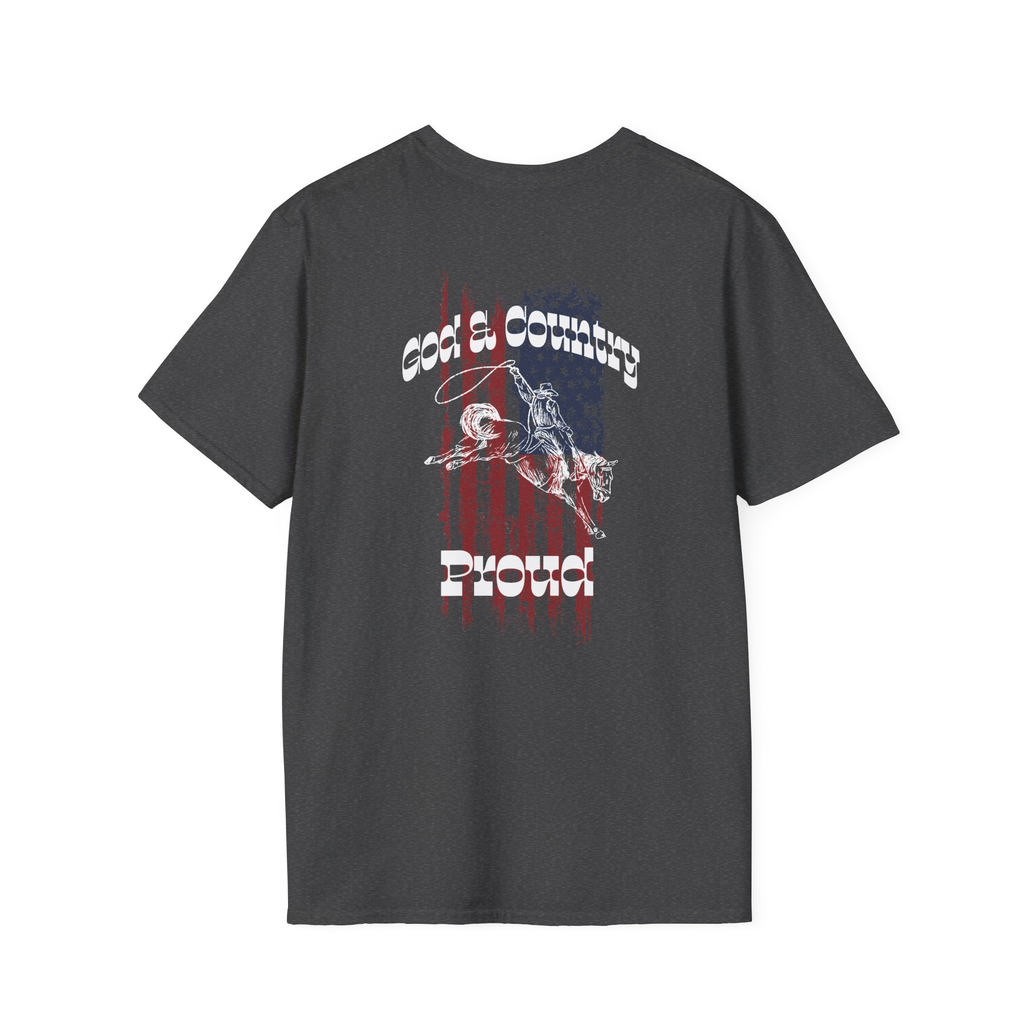 God & Country Proud T-Shirt in dark gray with graphic design on the back.