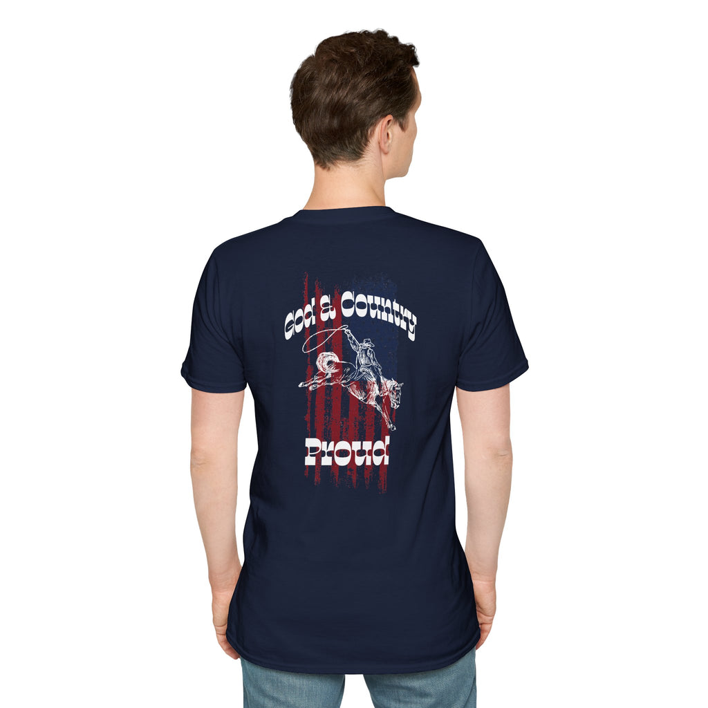 Back view of navy God & Country Proud T-Shirt featuring a patriotic design
