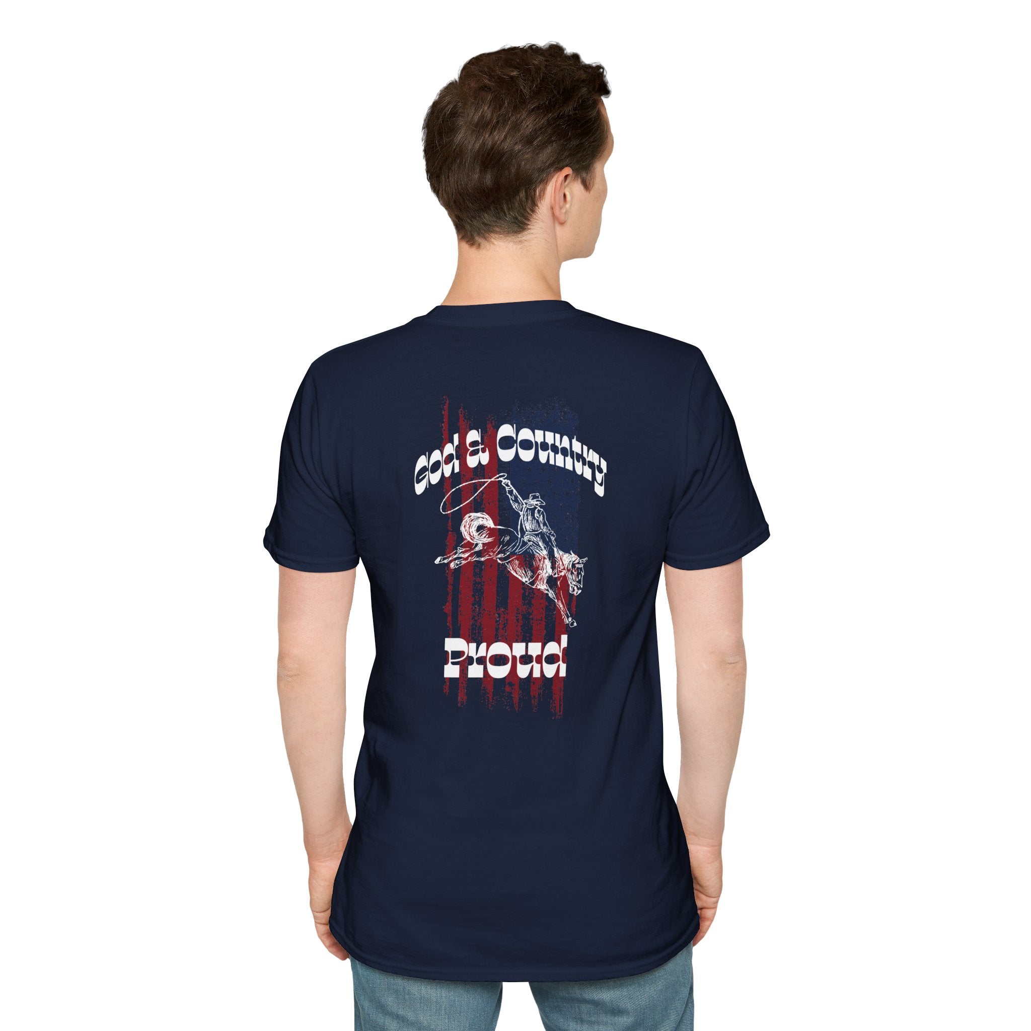 Back view of navy God & Country Proud T-Shirt featuring a patriotic design