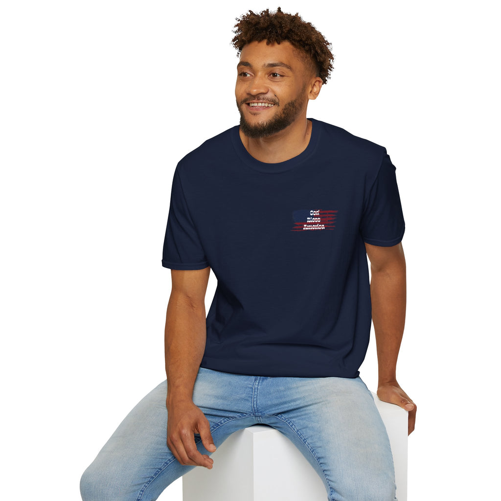 Men's navy God & Country Proud T-Shirt with patriotic flag design on the front