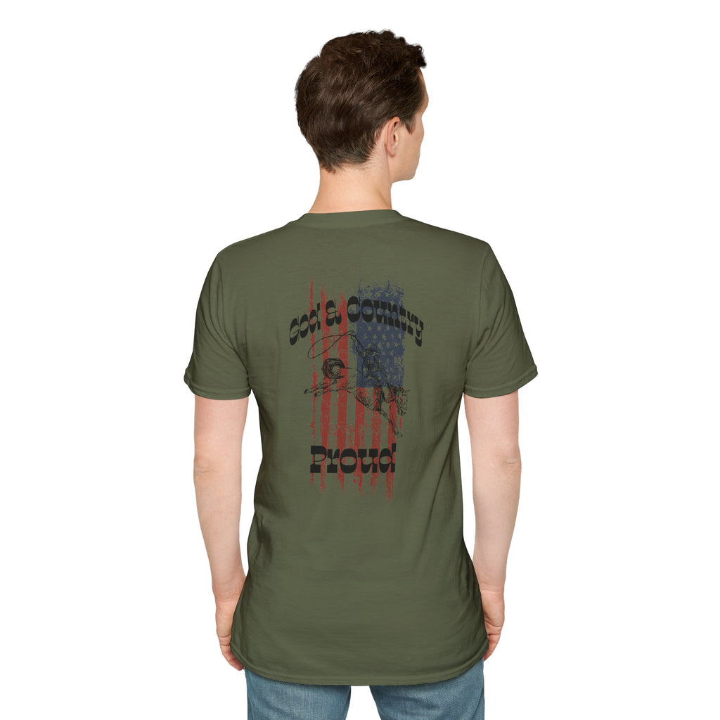 Back view of God & Country Proud T-Shirt in olive green featuring patriotic graphics