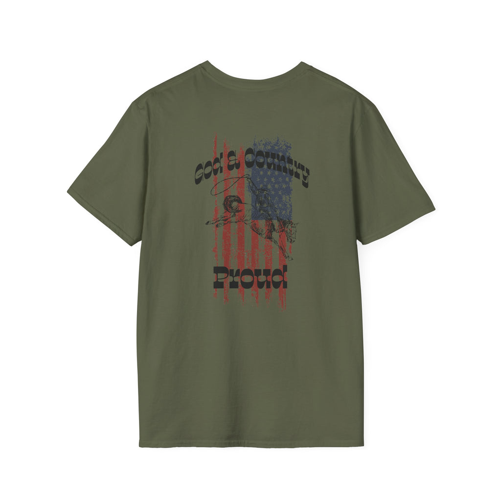Back view of God & Country Proud T-Shirt in olive green with patriotic design