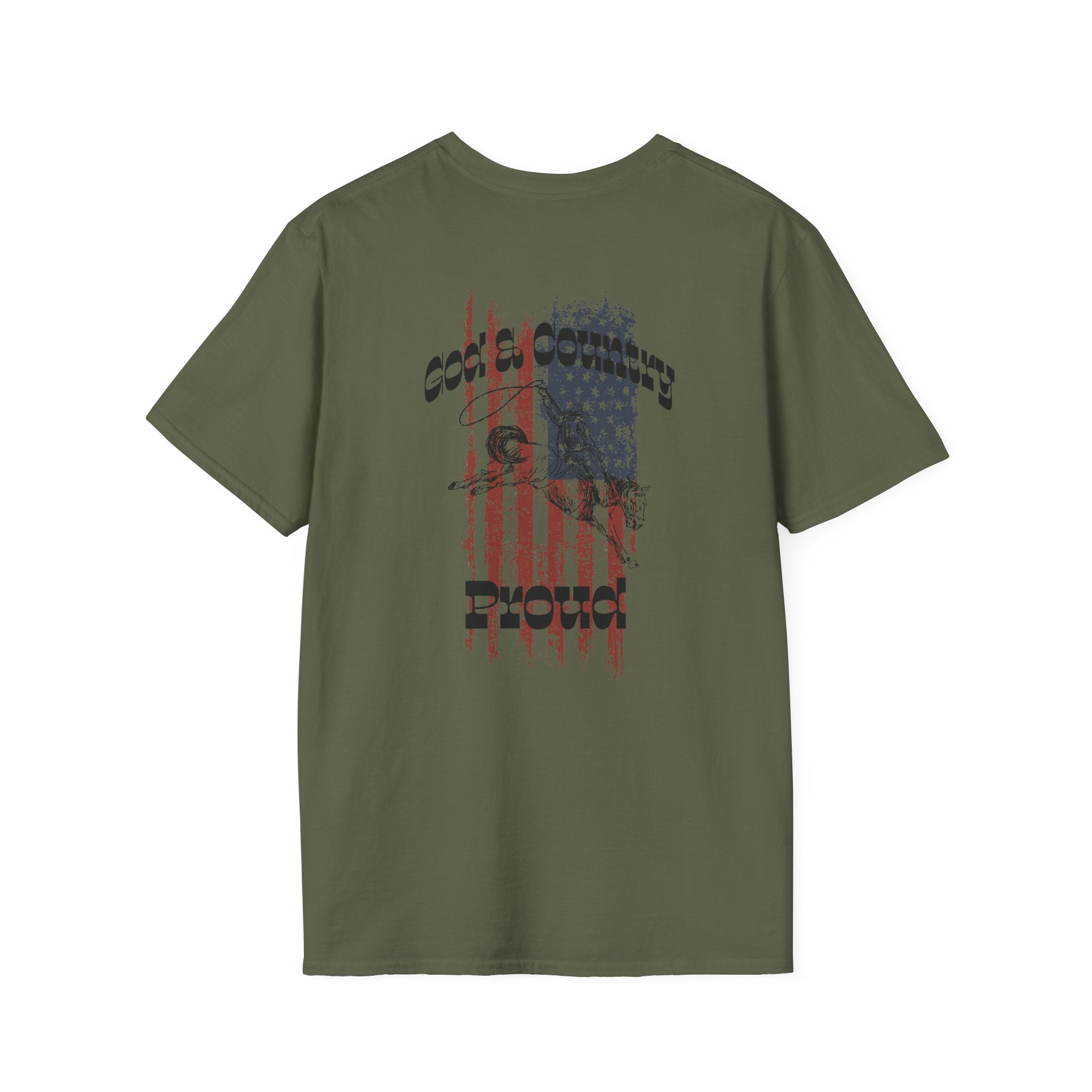 Back view of God & Country Proud T-Shirt in olive green with patriotic design