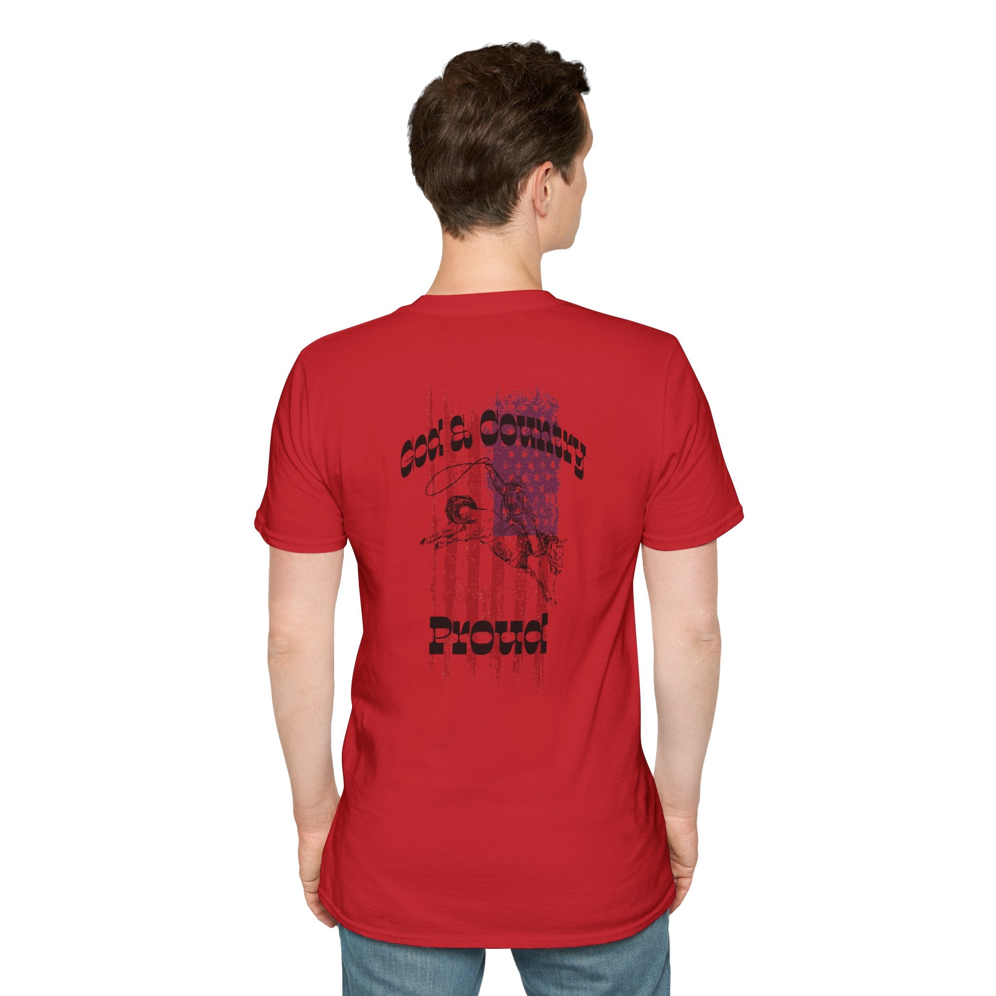 Back view of red God & Country Proud T-Shirt featuring a patriotic graphic design