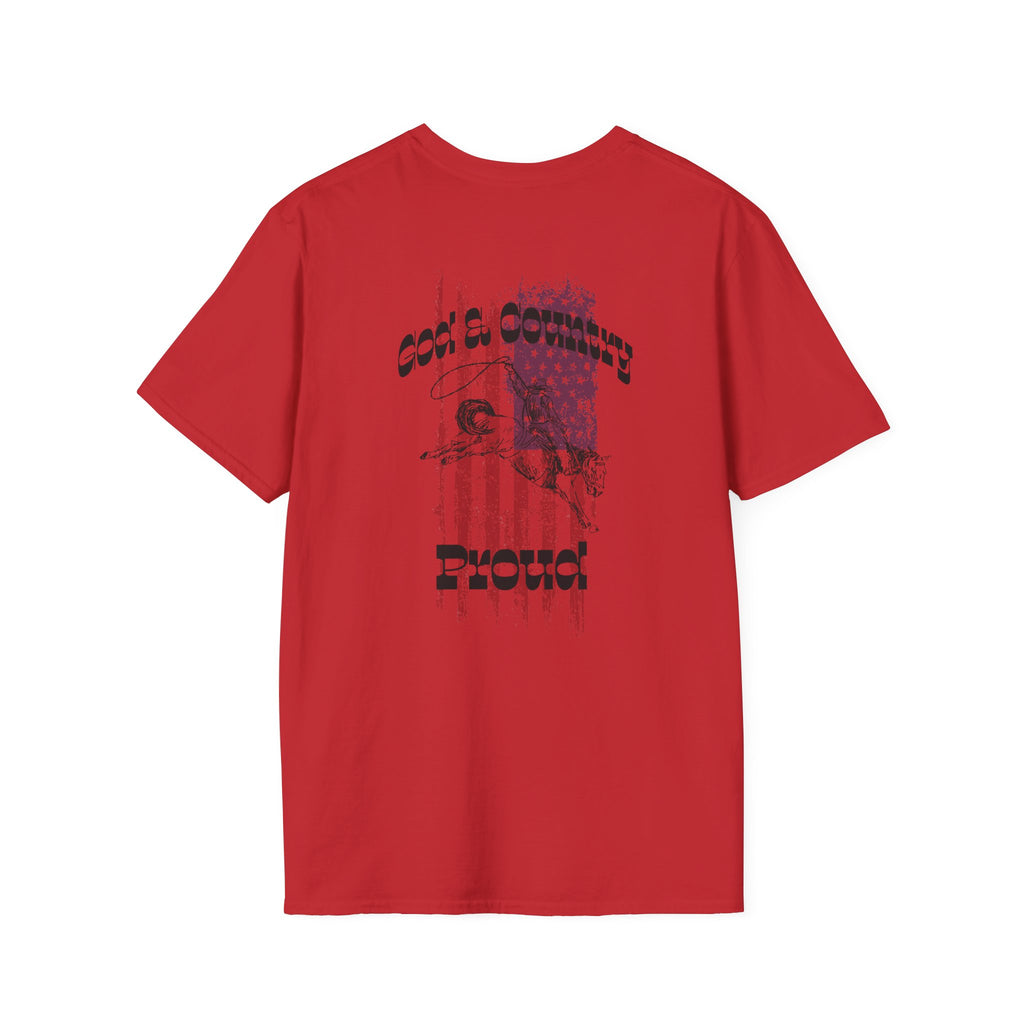 Back view of God & Country Proud T-Shirt in red featuring a bold graphic design