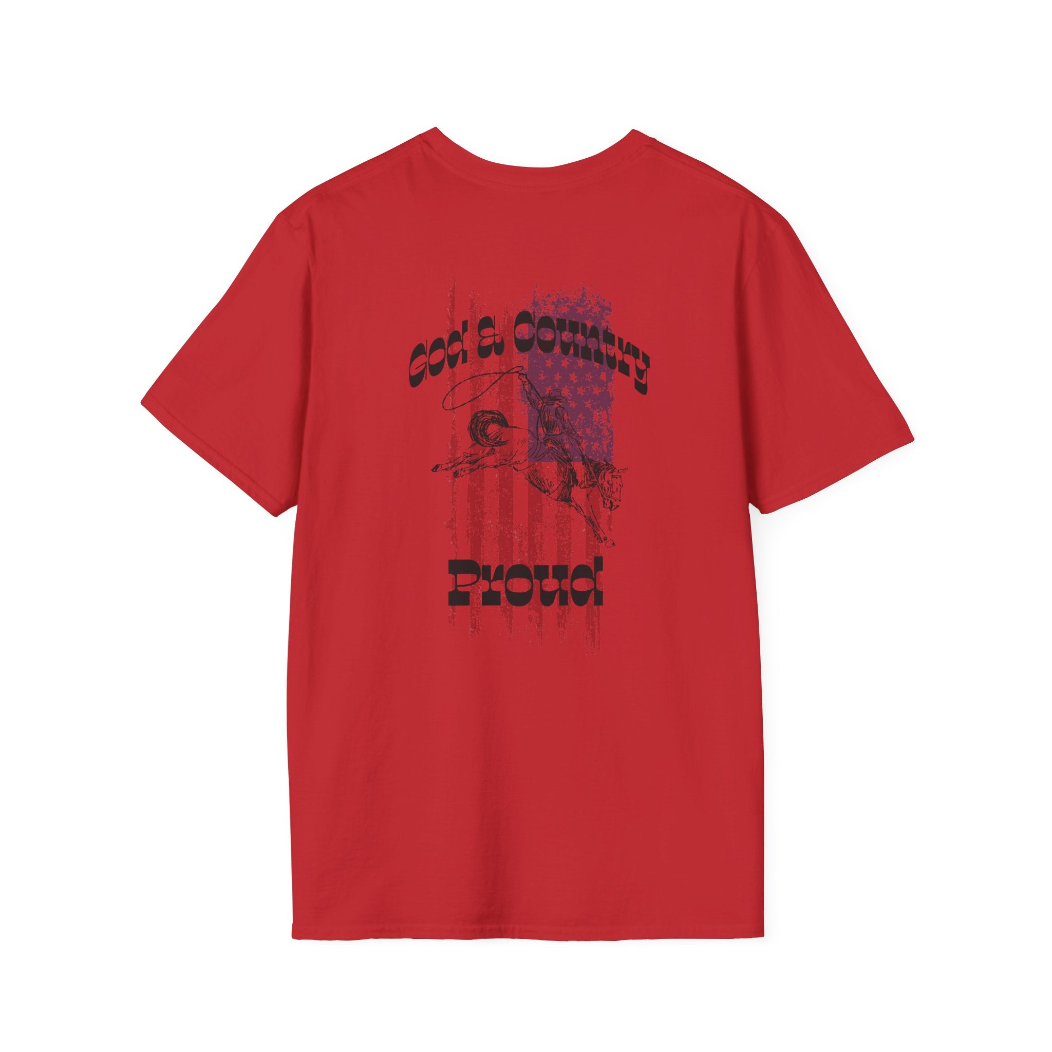 Back view of God & Country Proud T-Shirt in red featuring a bold graphic design
