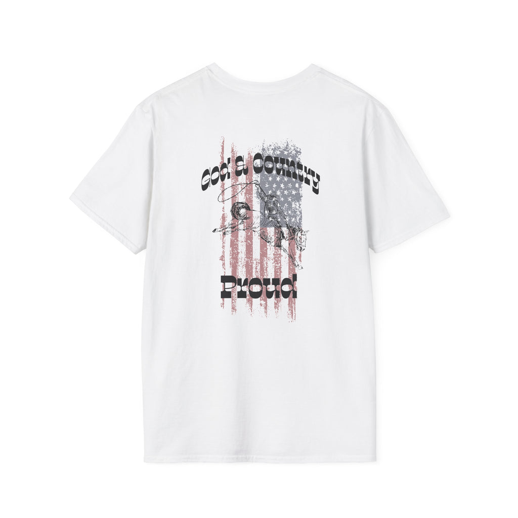Back view of God & Country Proud T-Shirt in white featuring patriotic design with flag graphic