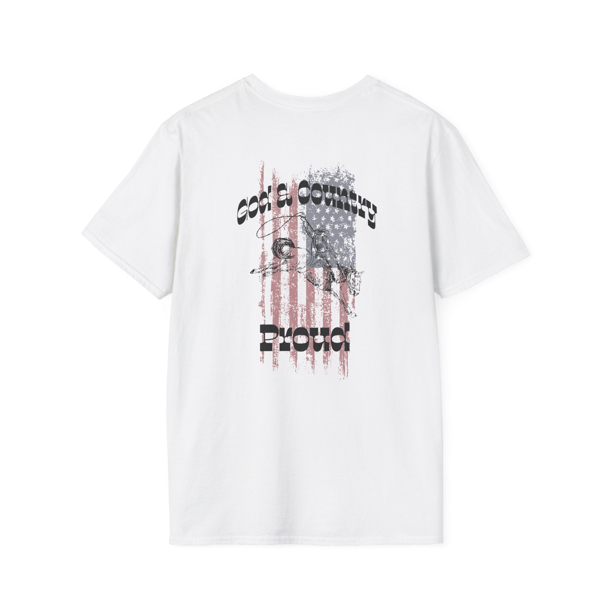 Back view of God & Country Proud T-Shirt in white featuring patriotic design with flag graphic