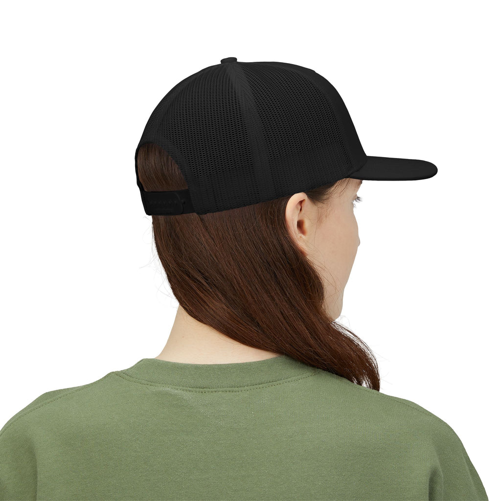 God & Country Trucker Cap in black, featuring mesh panels, shown from the back view.