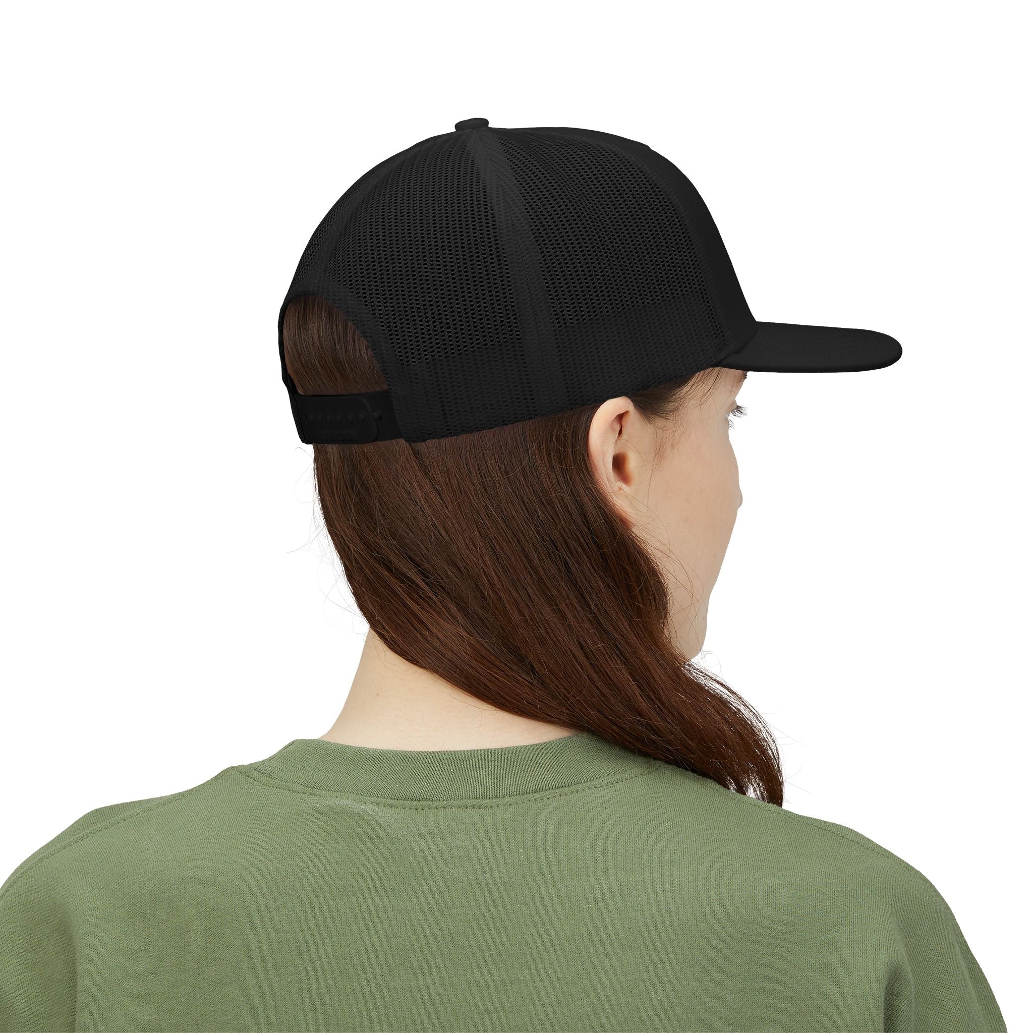 God & Country Trucker Cap in black, featuring mesh panels, shown from the back view.
