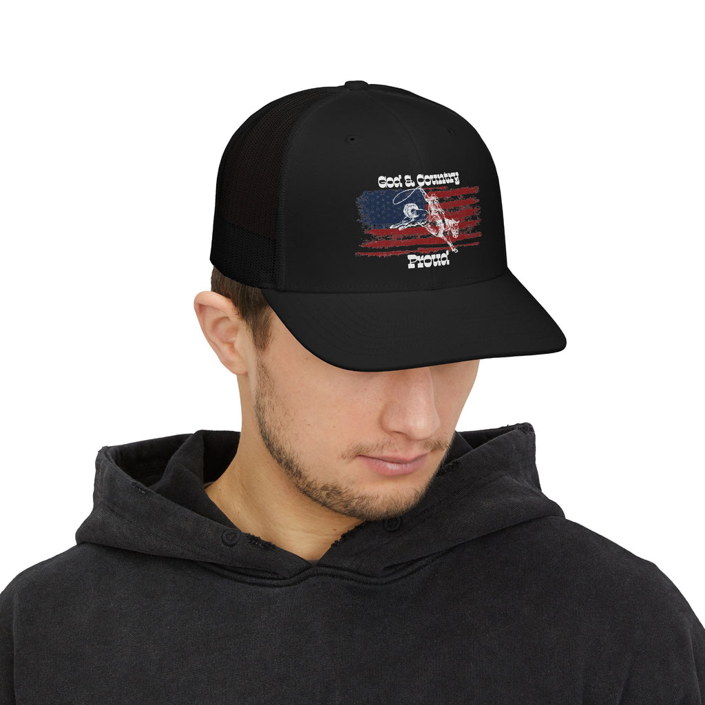 God & Country Trucker Cap in black with patriotic design view from the front