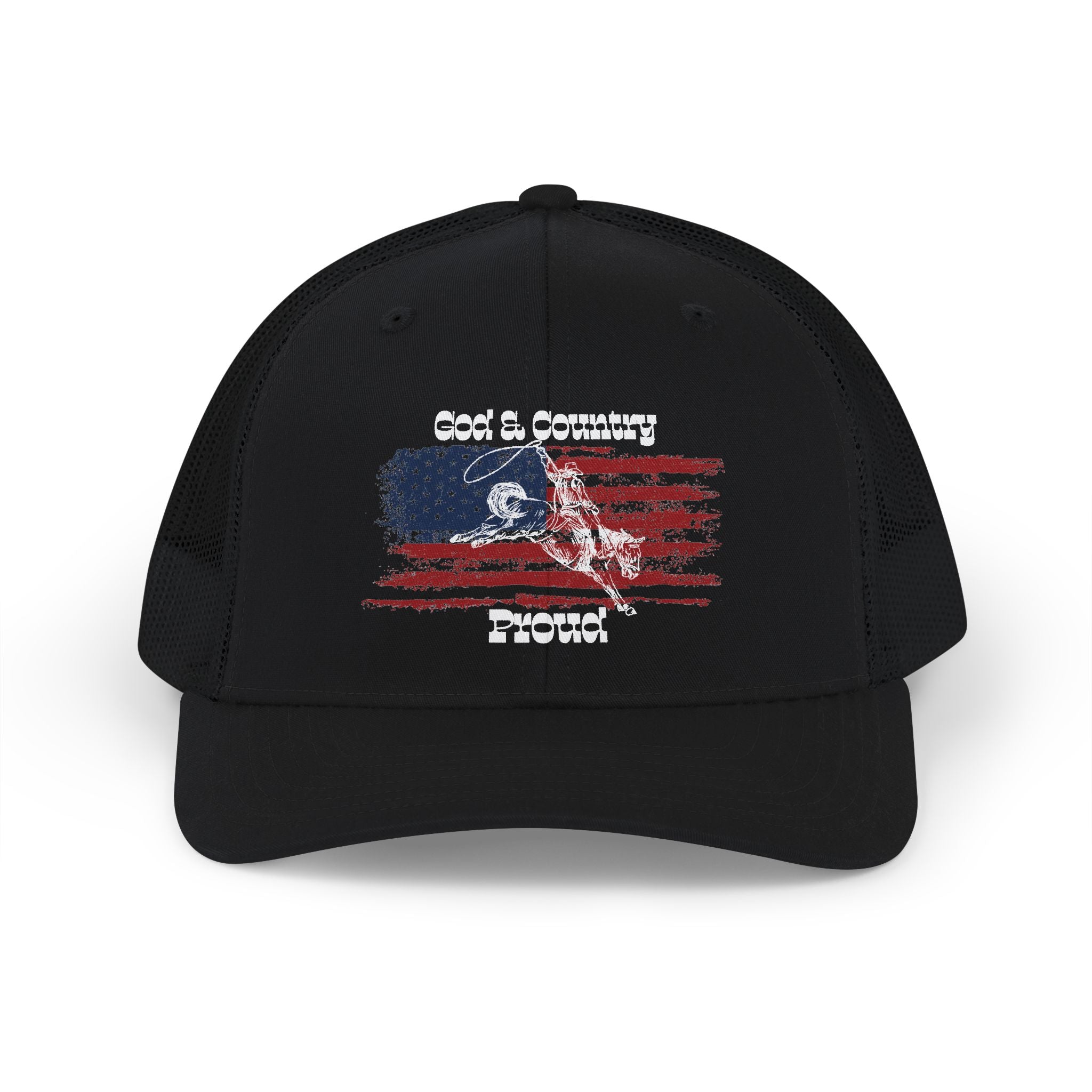 Black God & Country Trucker Cap featuring distressed flag design and scripture on the front