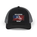 God & Country Trucker Cap in black with patriotic flag design view from front