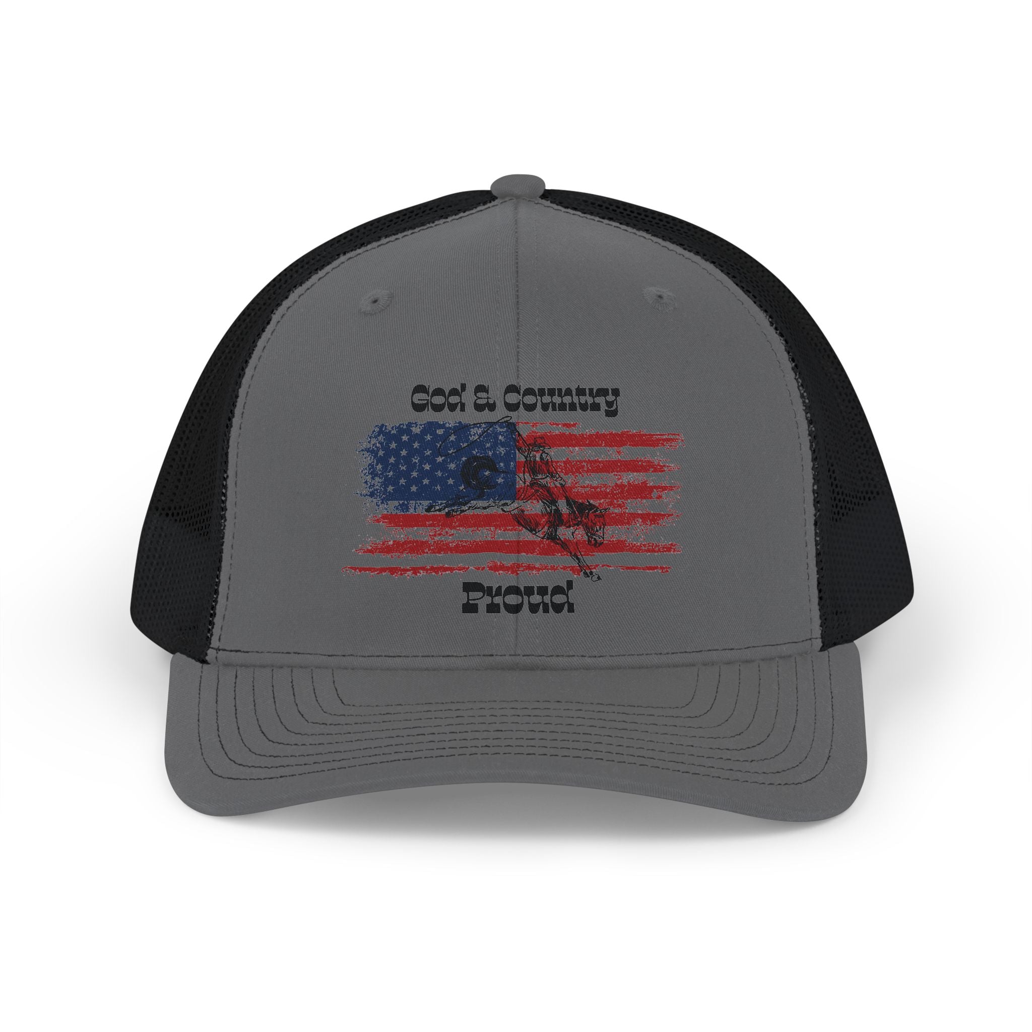 God & Country Trucker Cap in gray featuring a distressed American flag design on the front