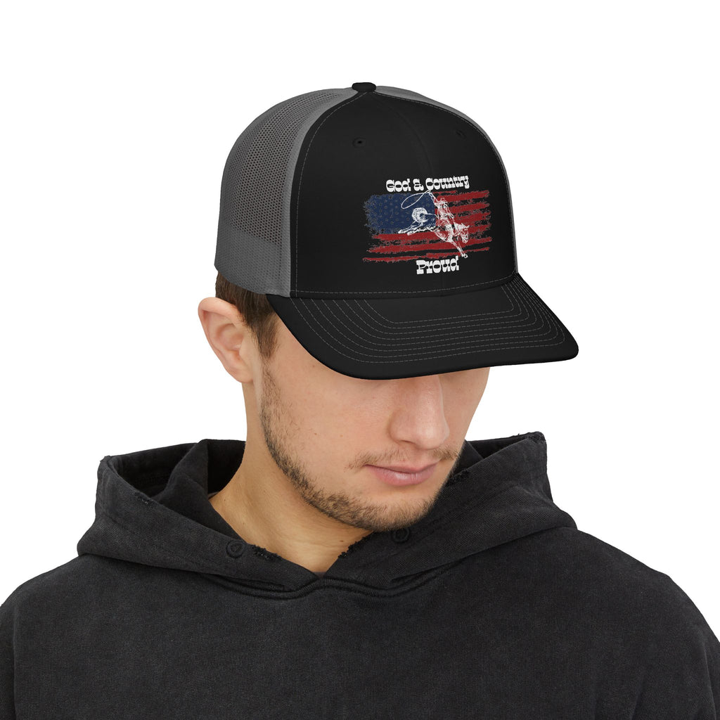 Front view of God & Country Trucker Cap in black with patriotic design and scripture