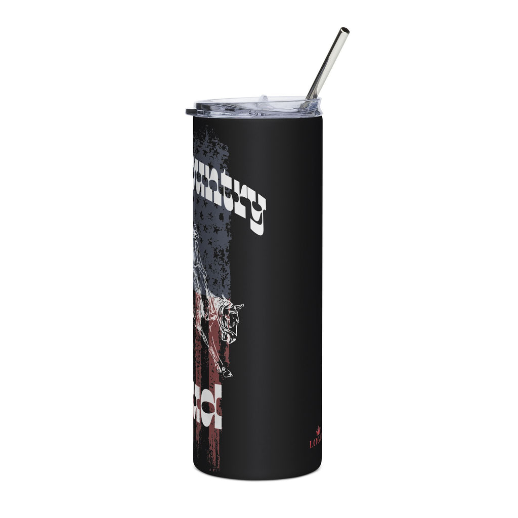 God & Country Tumbler in black with patriotic design featuring a horse and scripture on the front