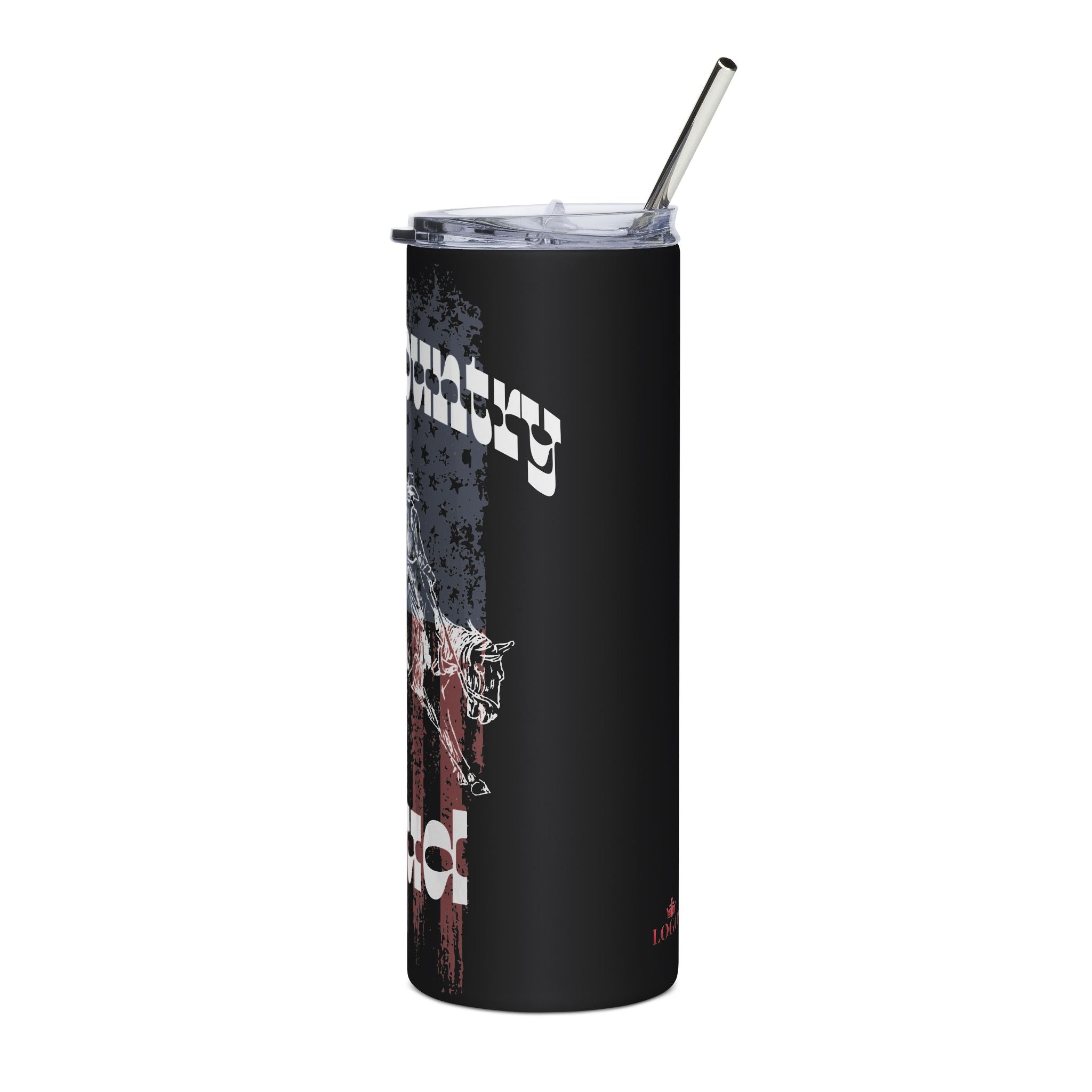 God & Country Tumbler in black with patriotic design featuring a horse and scripture on the front