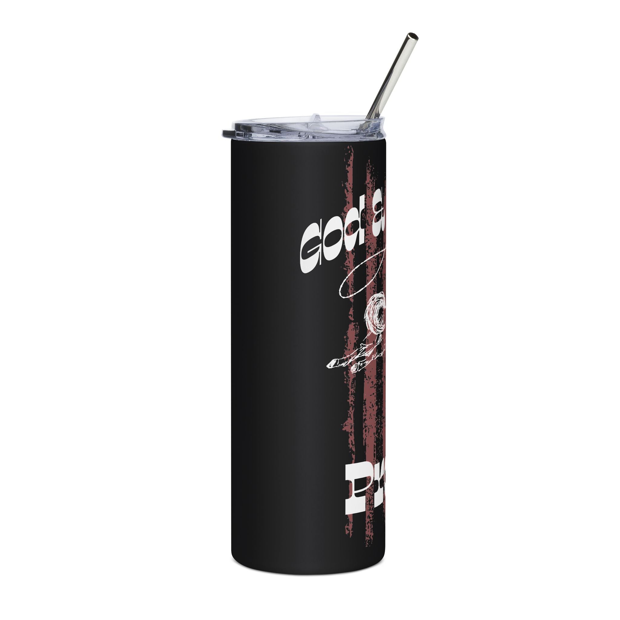 God & Country Tumbler in black with inspirational phrase and clear straw view from the side