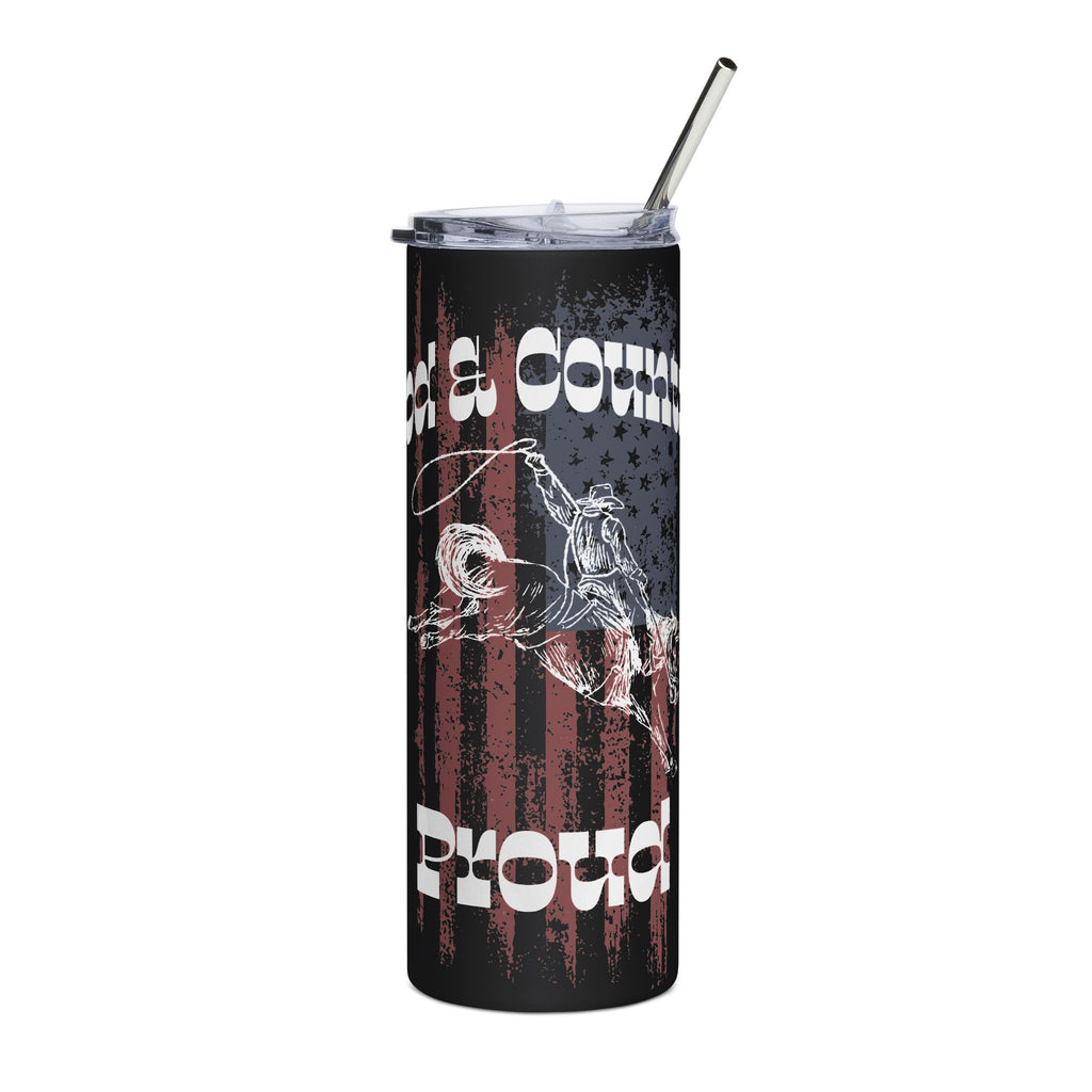 God & Country Tumbler with American flag design, black and red color, featuring a cowboy riding a horse