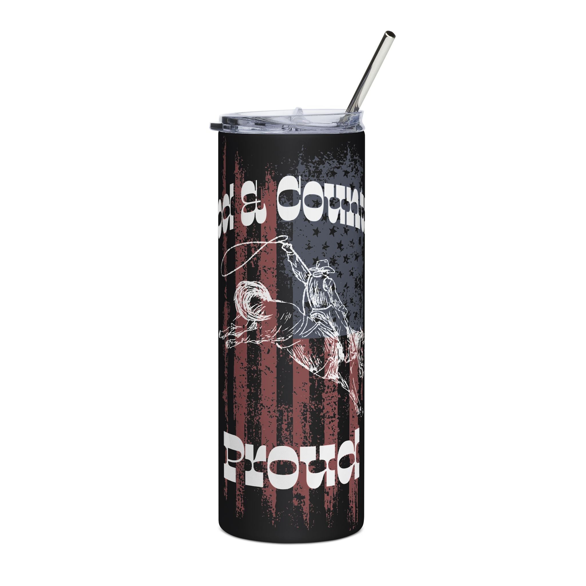 God & Country Tumbler with American flag design, black and red color, featuring a cowboy riding a horse