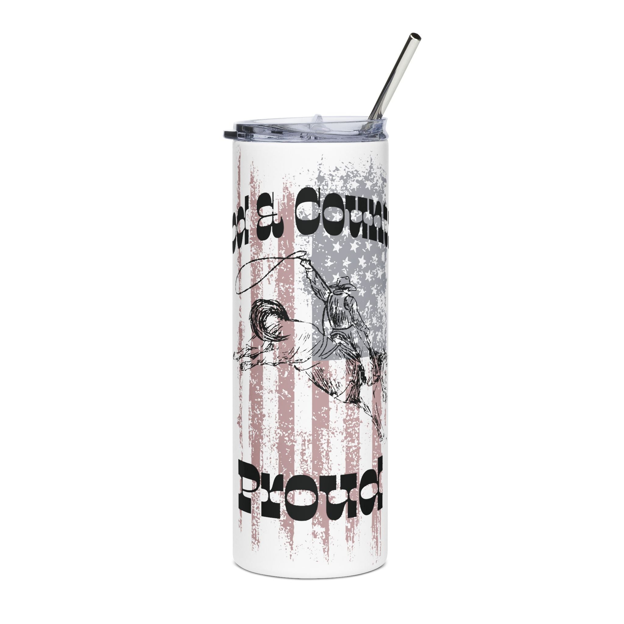 God & Country Tumbler in white featuring patriotic design with bold text and a straw for easy sipping