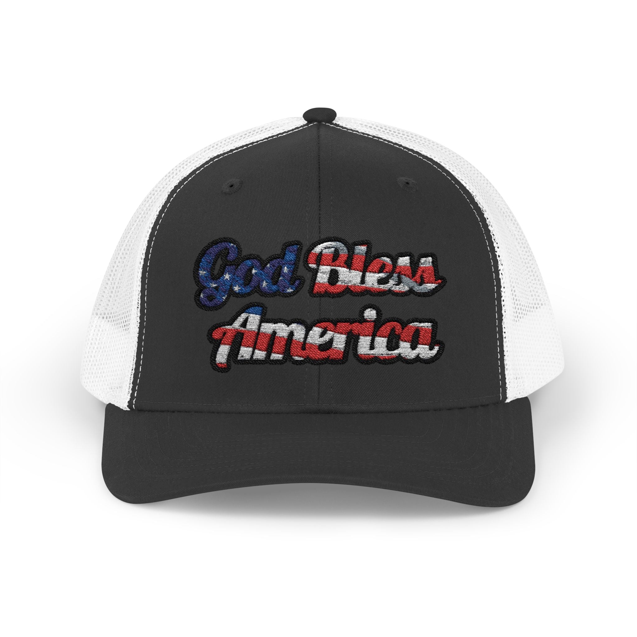 Hat featuring 'God Bless America' in red, white, and blue colors with a mesh back view