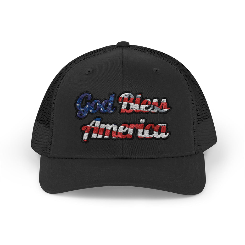 Black God Bless America Cap with Bold Text and Mesh Back for Patriotic Style