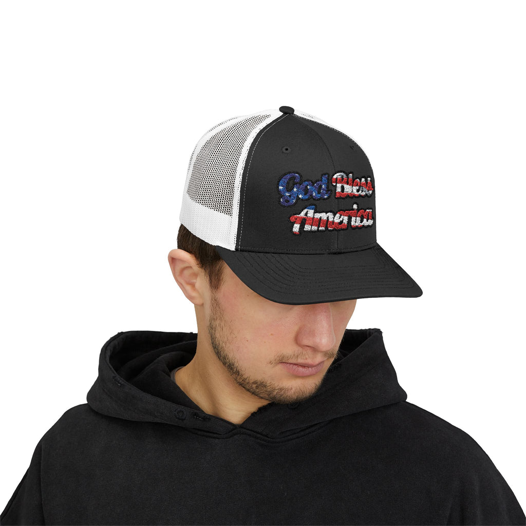 Trucker hat with 'God Bless America' in red and blue on black and white mesh, front view