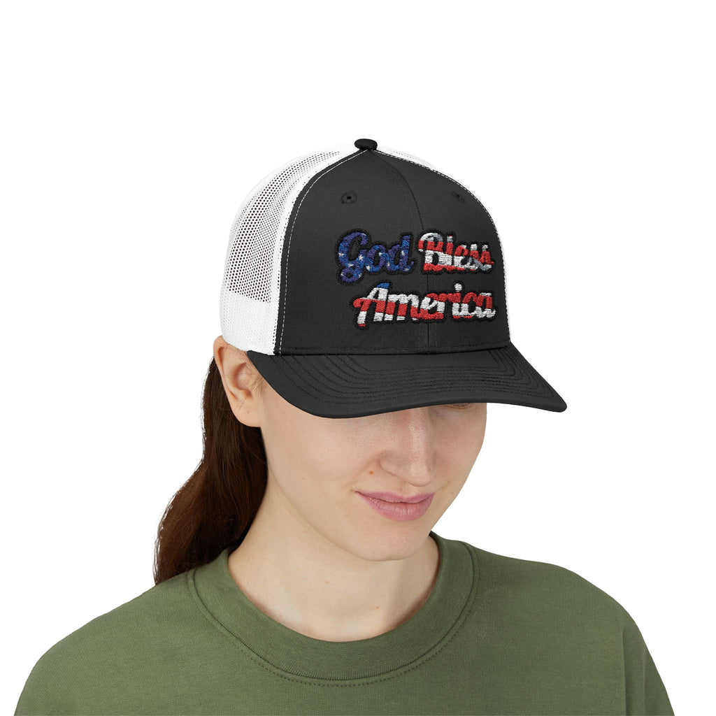 Black God Bless America Cap with Mesh Back for a patriotic look, featuring a colorful embroidered design
