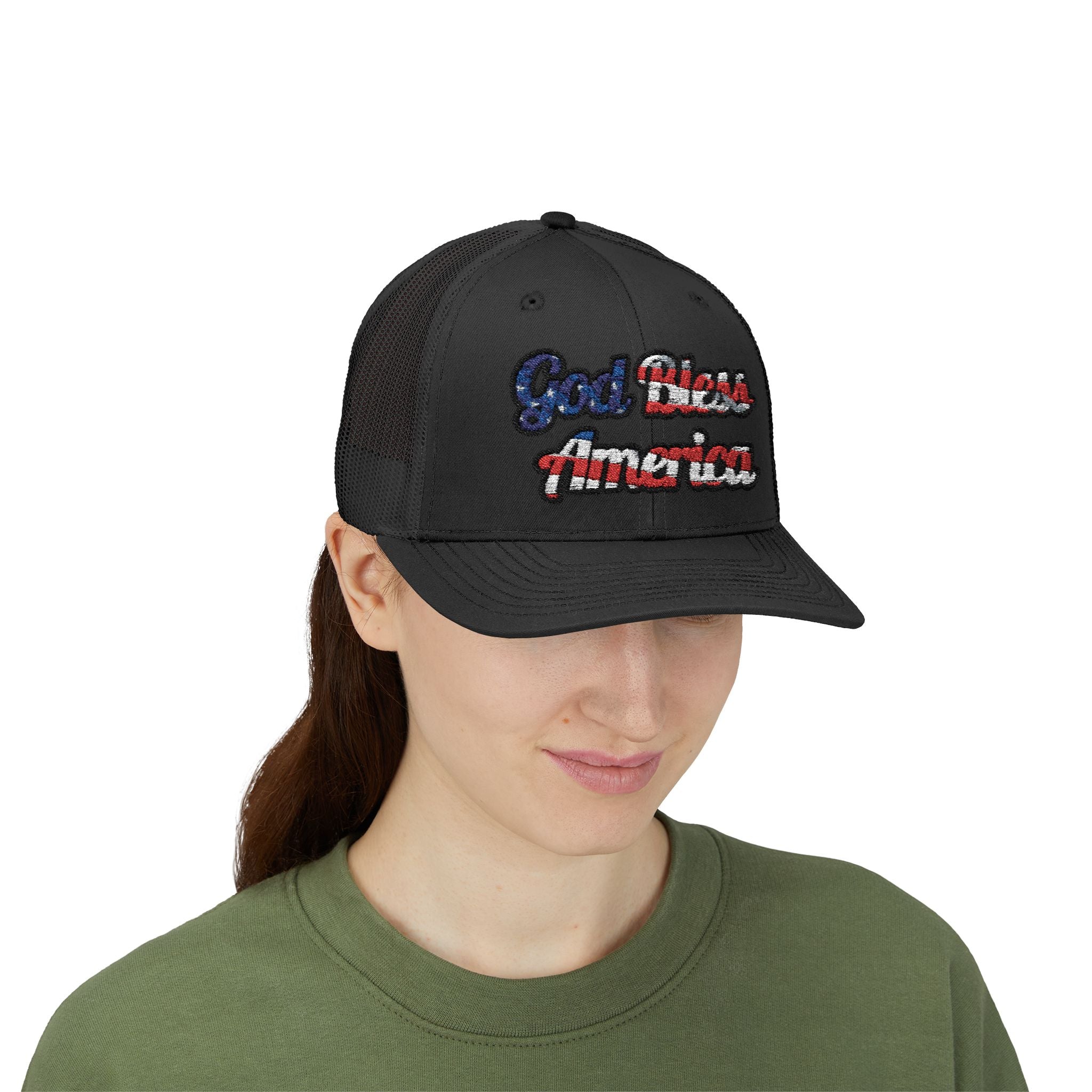 Black God Bless America Cap with embroidered patriotic design, viewed from the front