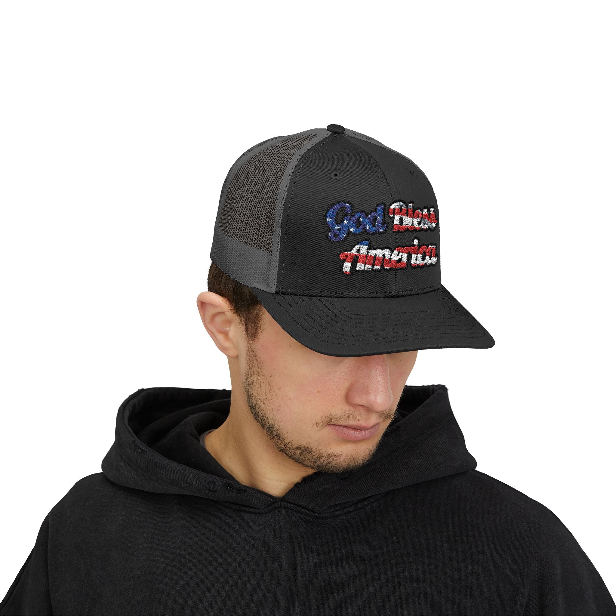 Black God Bless America Cap with Mesh Back and Front Embroidery View