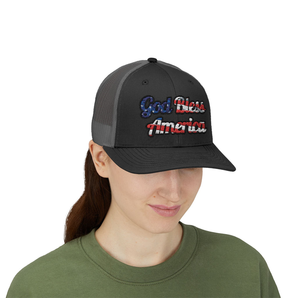 God Bless America Cap in black with mesh back view worn by a model