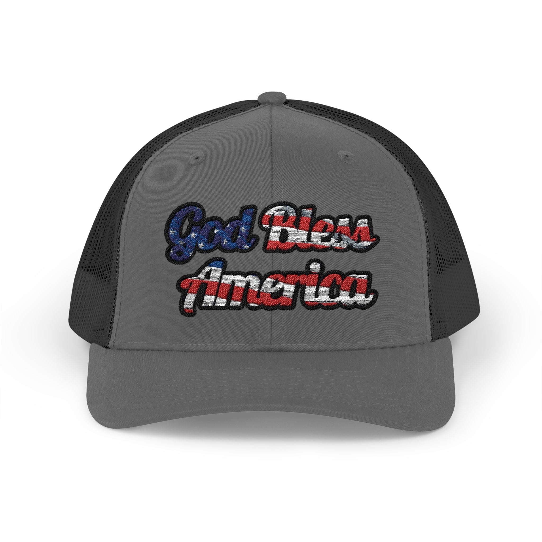 Gray God Bless America Cap with Bold Text in Red, White, and Blue Colors, Front View