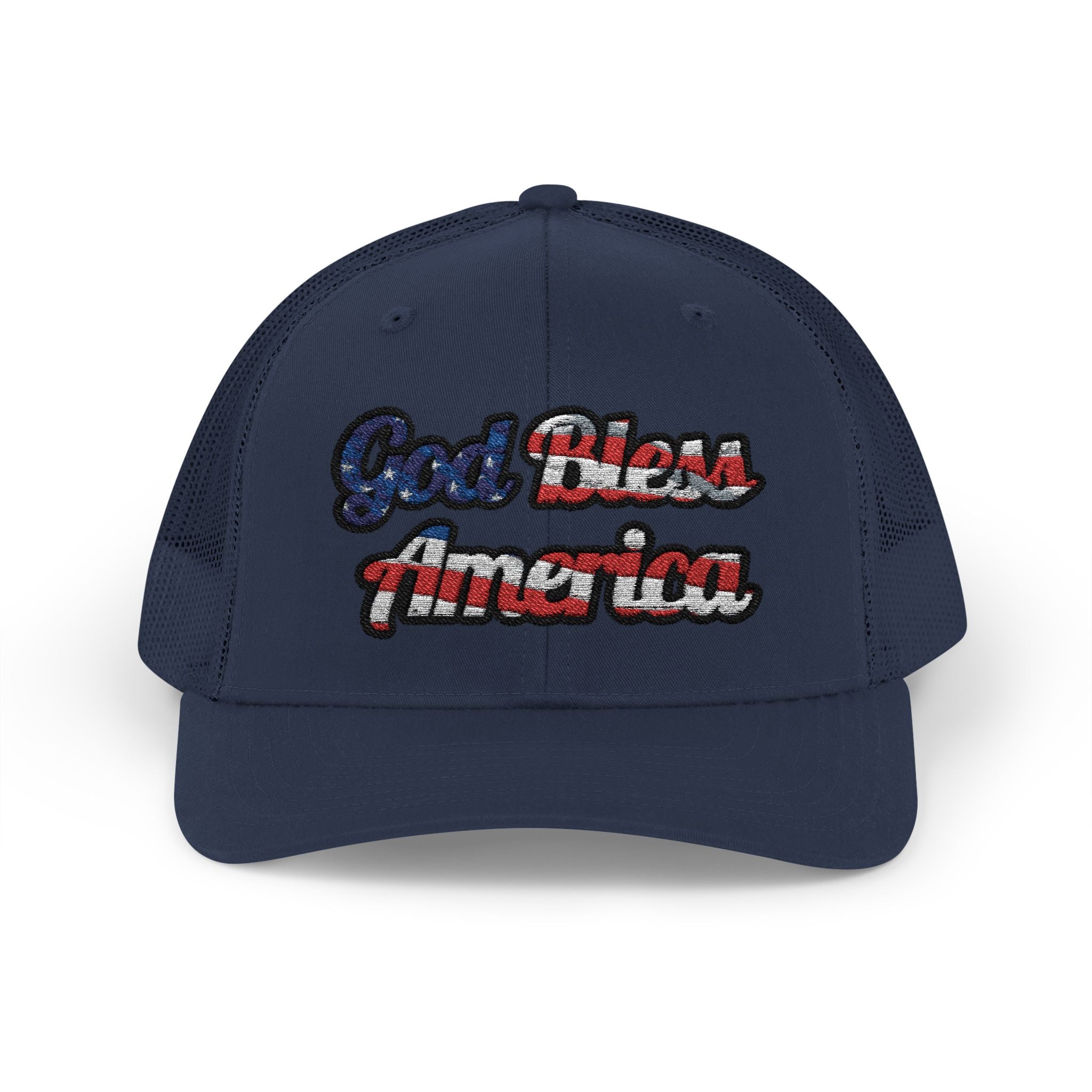 Trucker Hat with God Bless America in Red and Blue on Navy Fabric - Front View