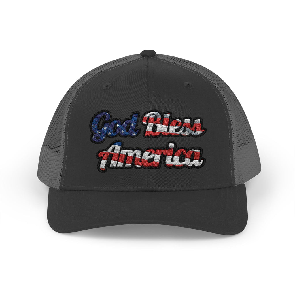 Trucker Hat with God Bless America phrase in red, white, and blue on a black cap front view