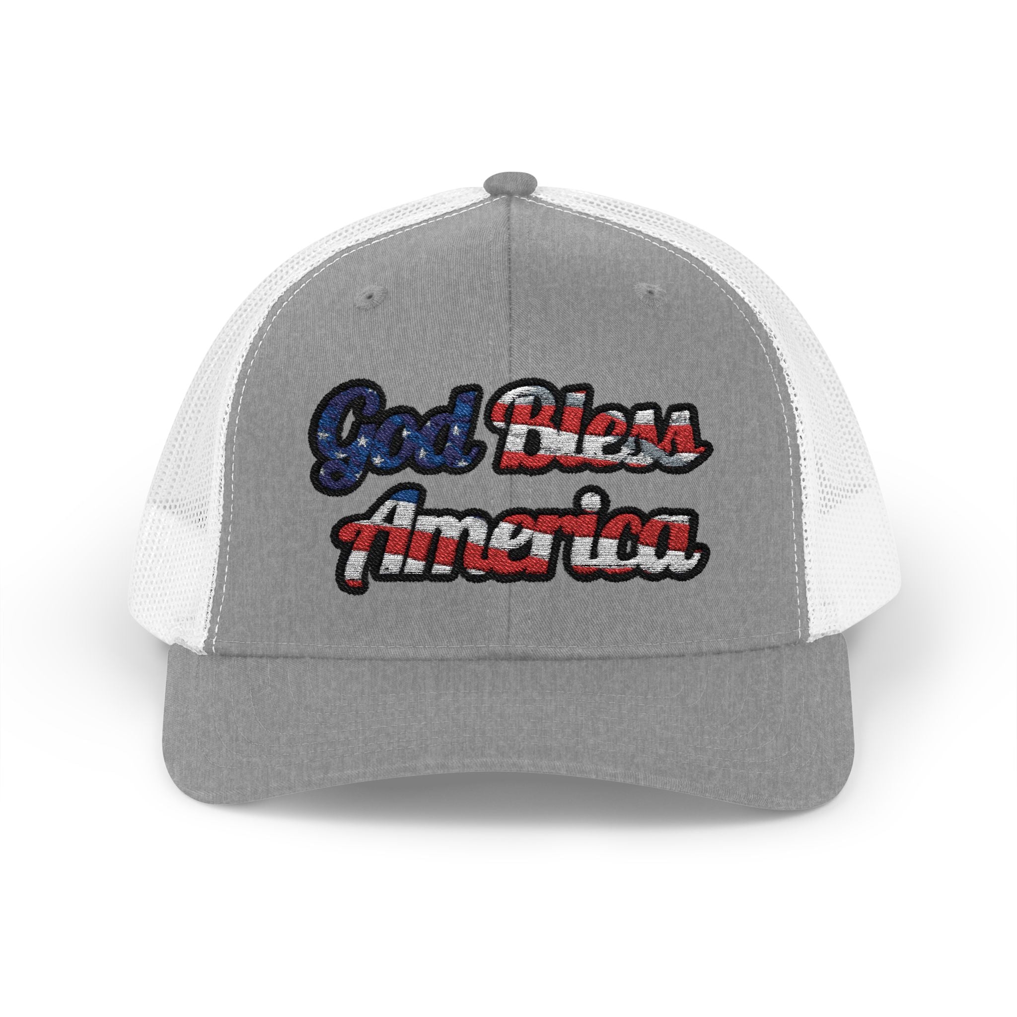 Gray God Bless America Cap with Bold Red and Blue Text, Front View