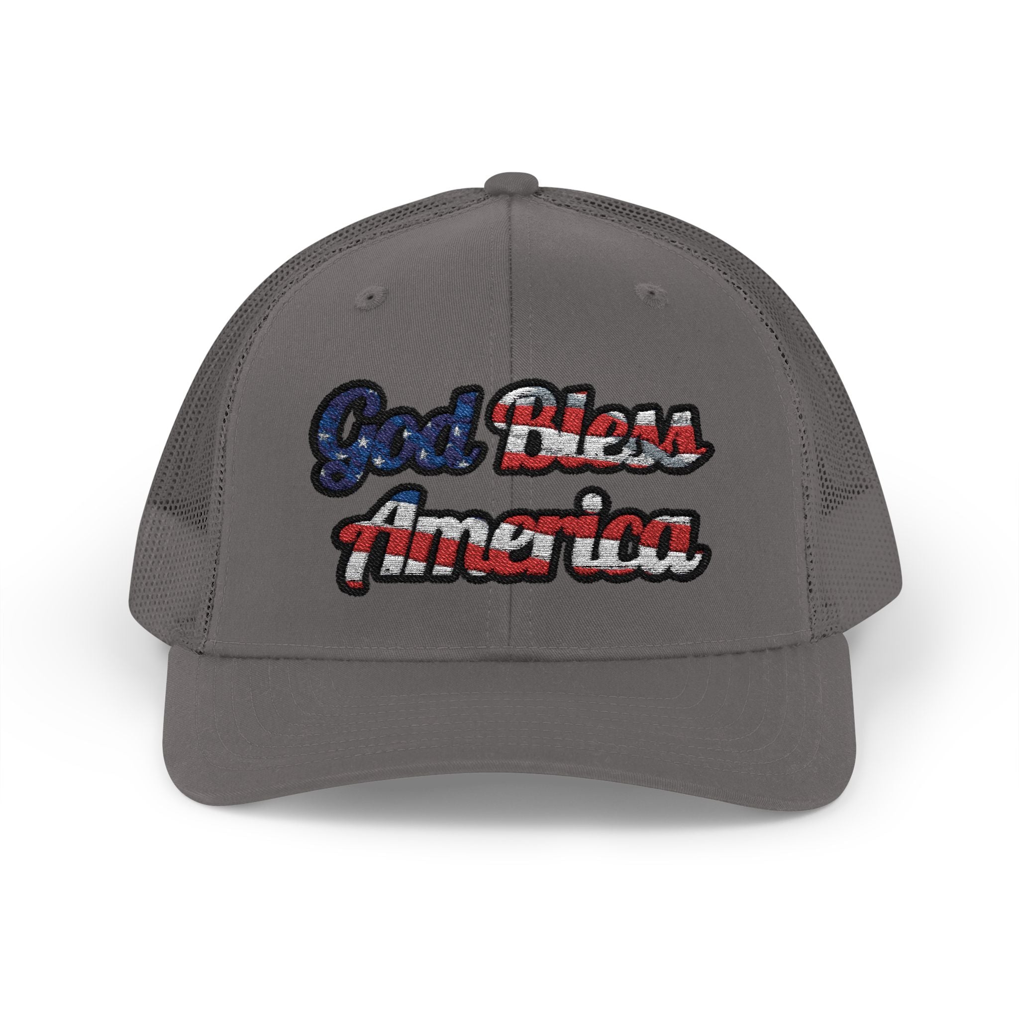 Gray God Bless America Cap with Patriotic Embroidery viewed from the front