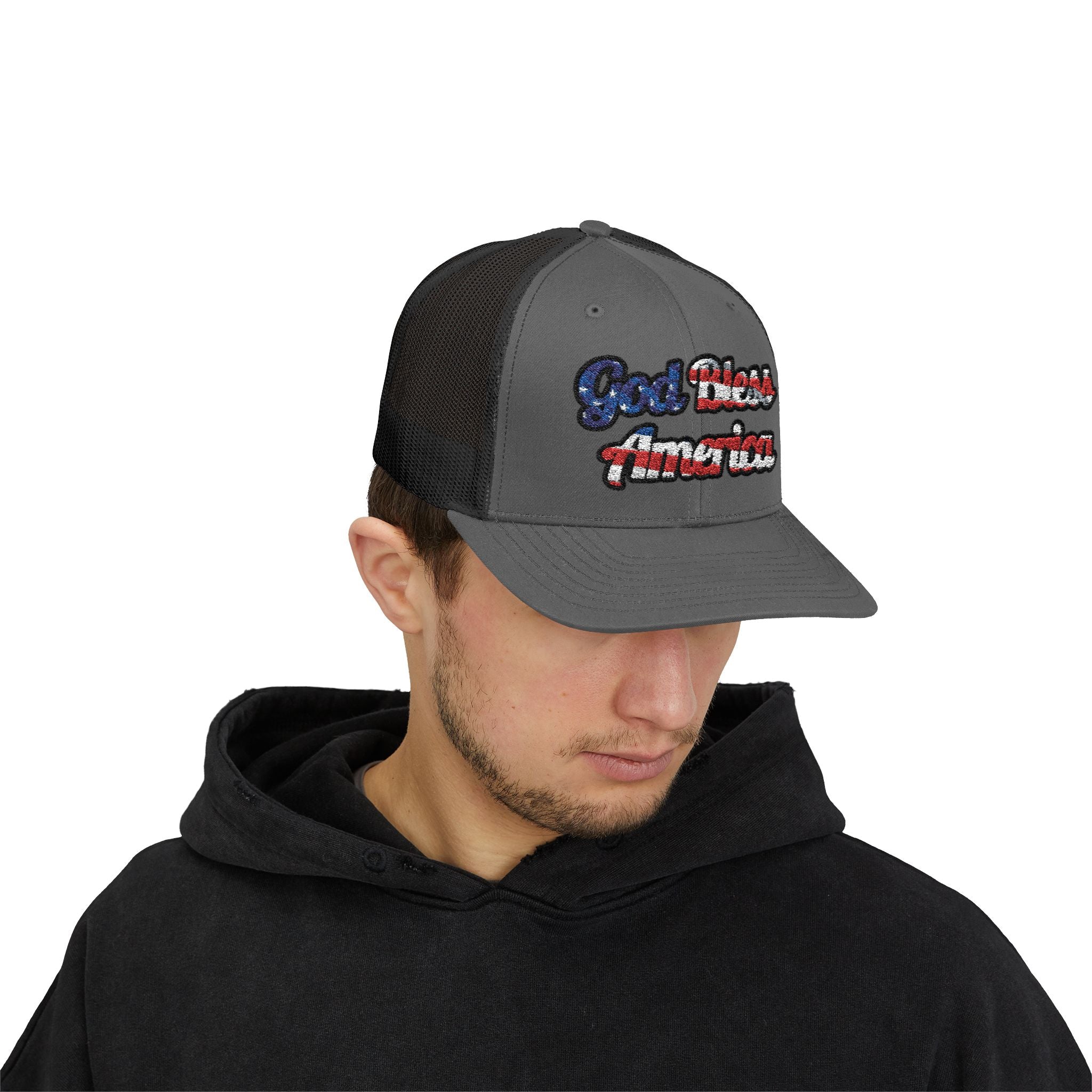Mesh God Bless America Cap in gray with patriotic design view from front