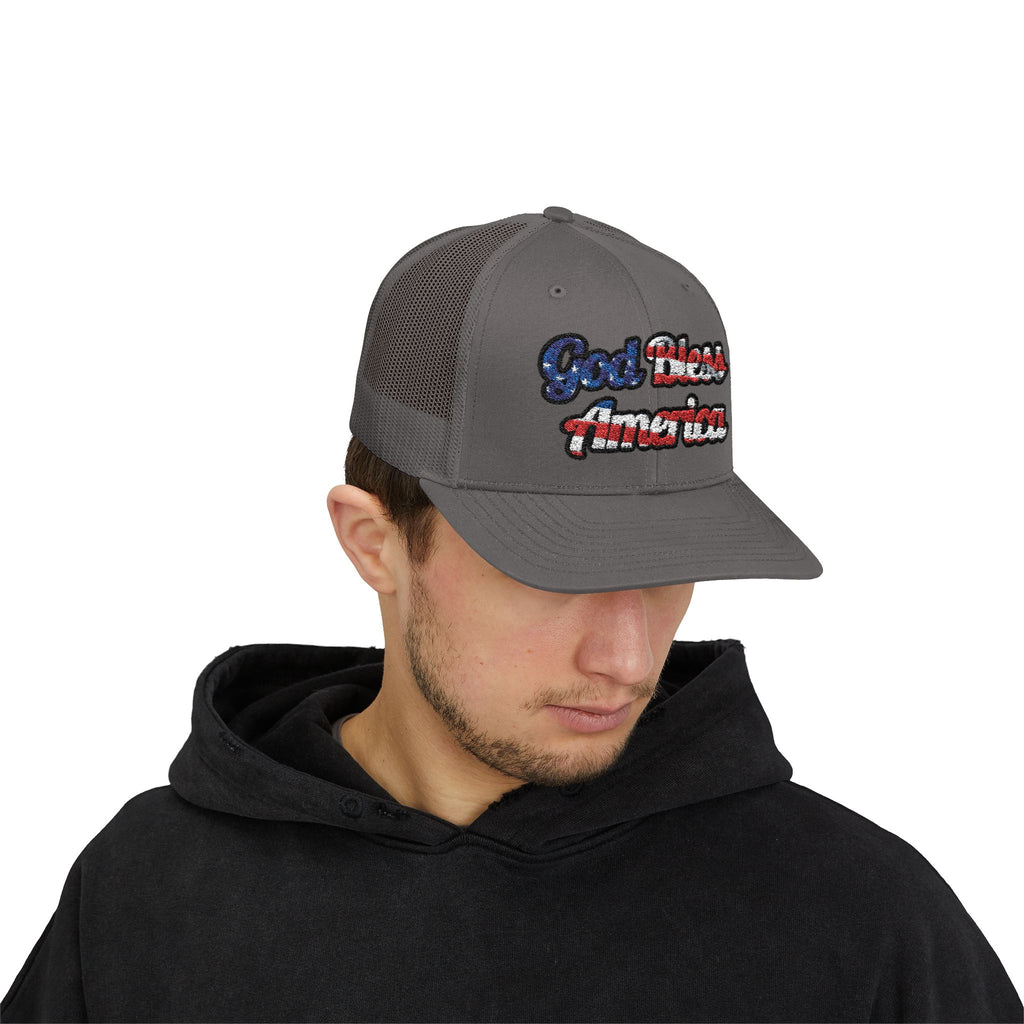 Gray God Bless America Cap with embroidered patriotic design, shown from the front