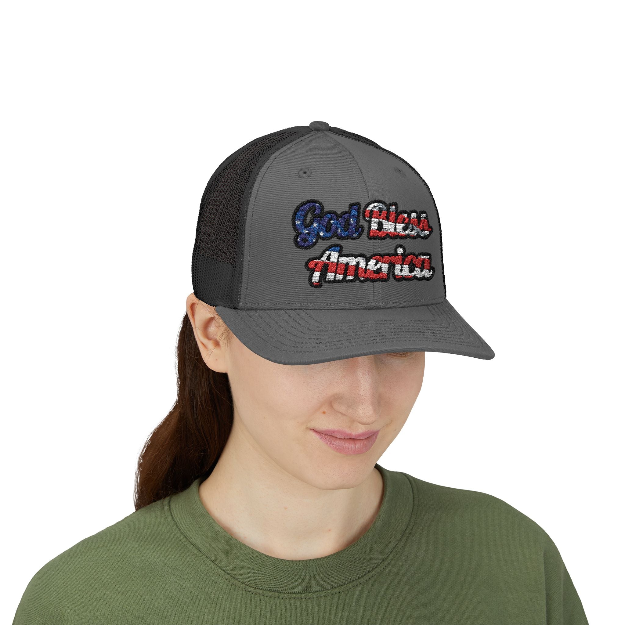 Gray God Bless America Cap with Colorful Embroidery, Front View
