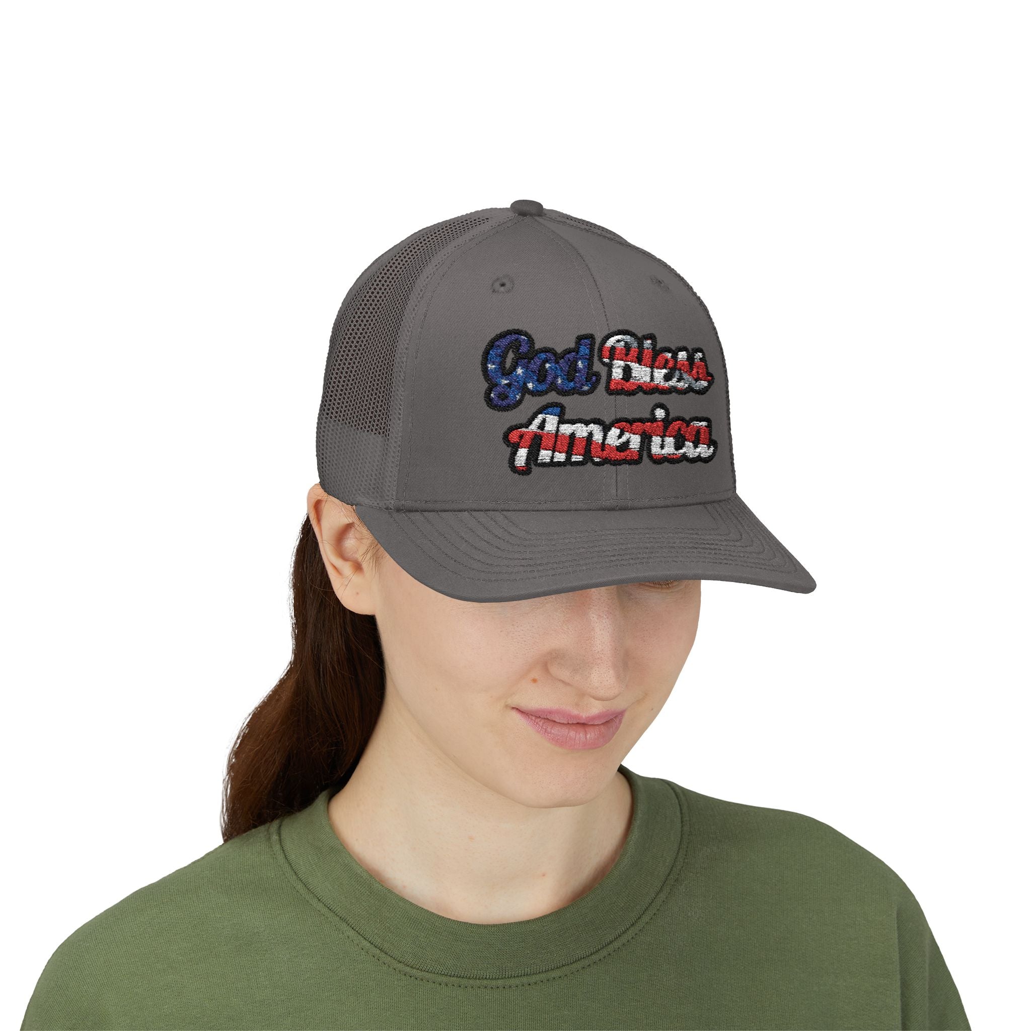 Gray God Bless America Cap with Embroidered Text, Front View