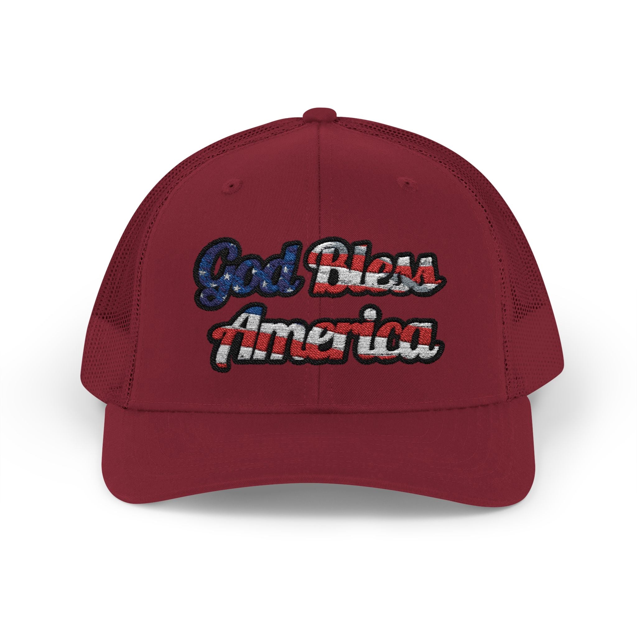 Red God Bless America Cap with embroidered lettering, front view