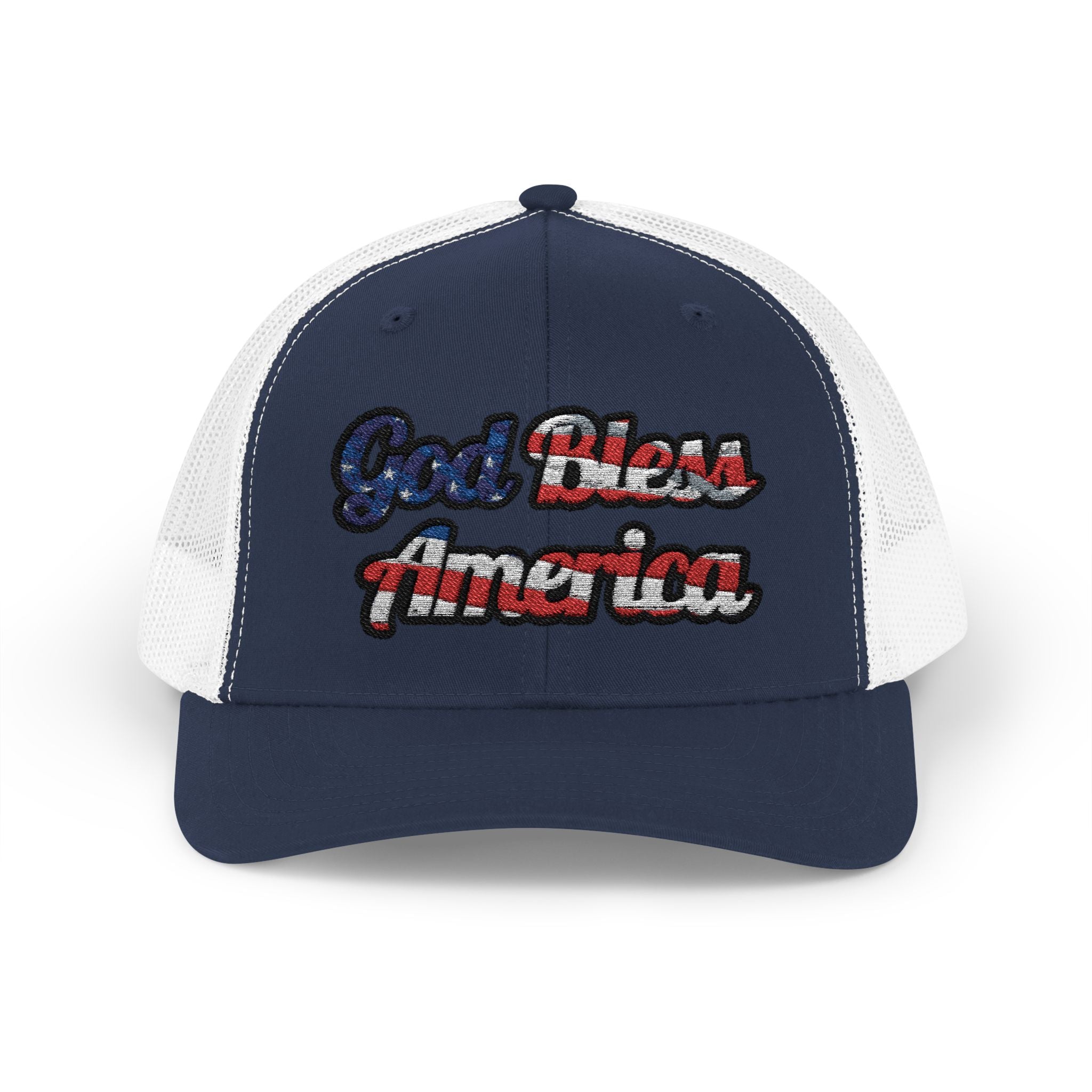 Navy God Bless America Cap with Red and White Text on Front View
