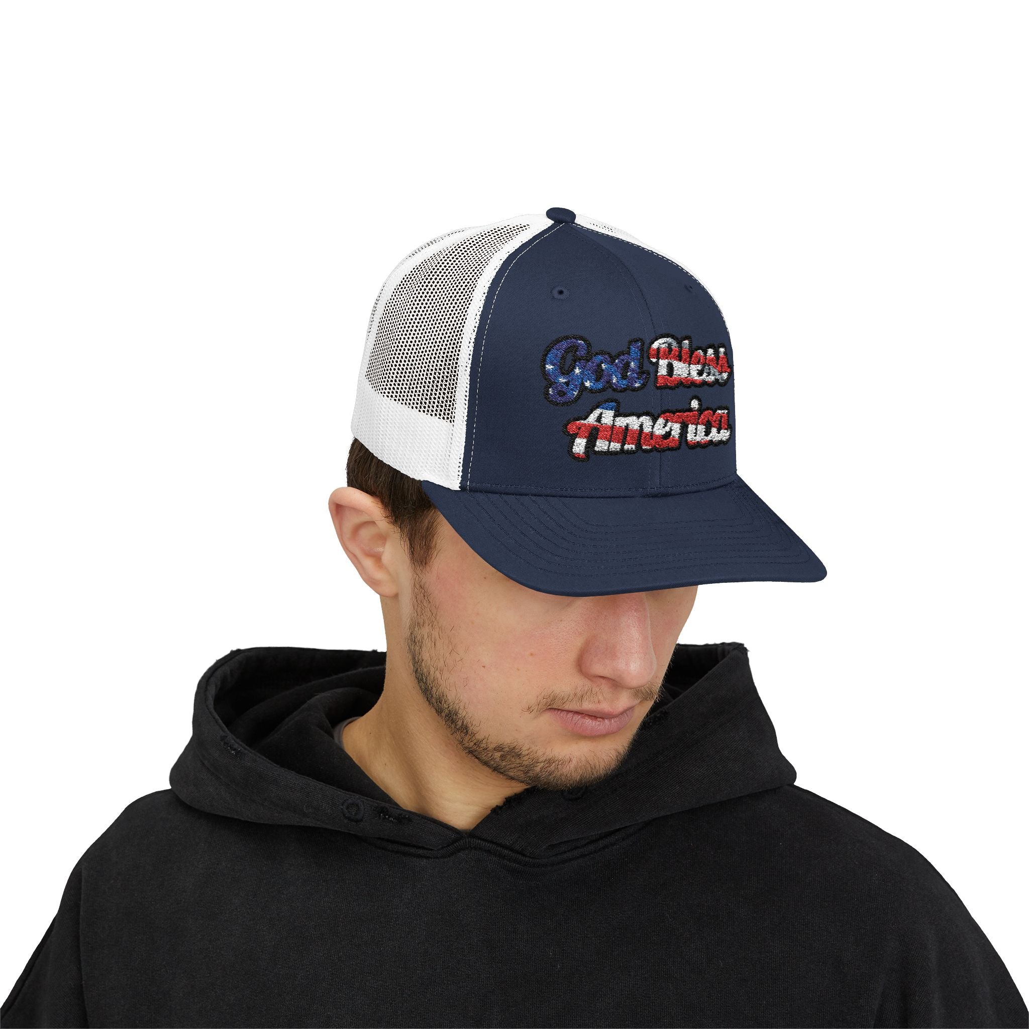 Hat with 'God Bless America' phrase in patriotic colors, featuring a navy front and mesh back view