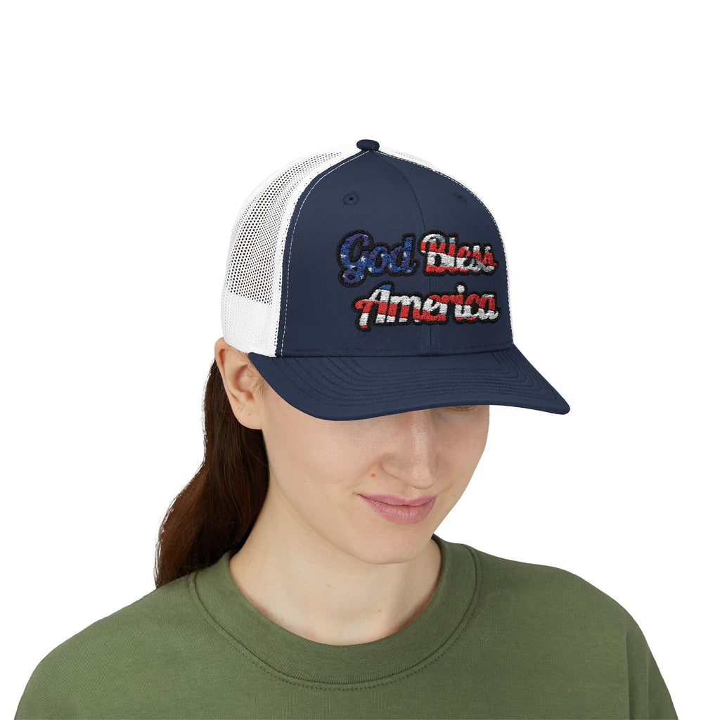 Trucker hat with 'God Bless America' embroidered in red and blue, featuring a navy front view