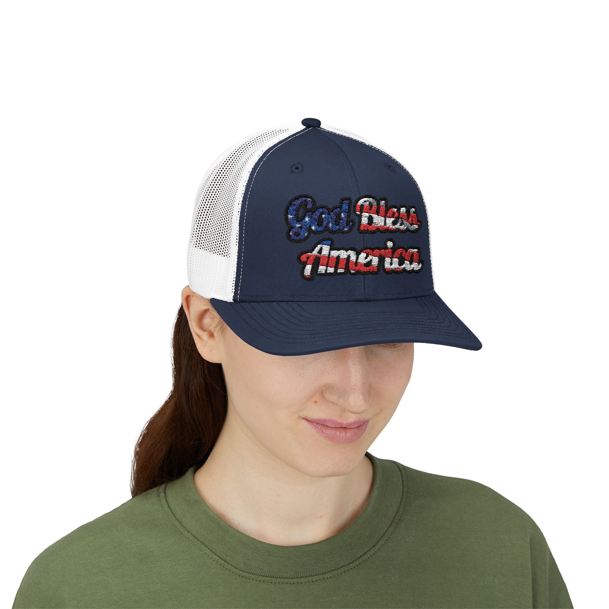 Trucker hat with 'God Bless America' embroidered in red and blue, featuring a navy front view